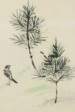 TABLEAU SUSPENDU PEINTURE JAPONAISE JAPON PIN MOINEAU OISEAU Vintage 183r