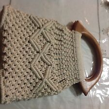 Handmade BoHo Hippie Ivory Macramé Crochet Purse Round Wood Handles
