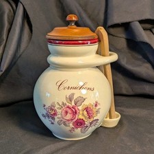 Ravissant Pot à Cornichons en Céramique, Décor Floral Vintage, avec Pince