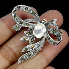 Broche Ovale En Argent Sterling 925 Avec Perle Mère Et Marcasite Bijoux