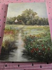 Huile Sur Toile Paysage Fleuri Signé