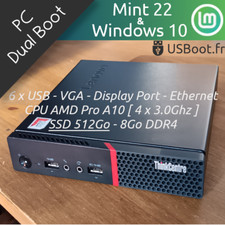 ORDINATEUR TINY PC LINUX LENOVO M715Q MINT 22 + WINDOWS 10 SSD 512Go/8Go/4 Cores