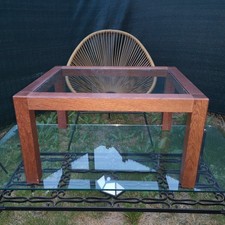 Bout de Canapé Table d'Appoint Carrée vintage Bois et Plateau Verre 1980
