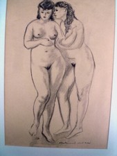 BERTHOMME ST-ANDRE -"2 NUS DEBOUT" GRAND FUSAIN + PASSE-PARTOUT 50 x 40cm - 1935