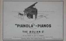 PUBLICITÉ DE PRESSE 1926 LES PIANOLA PIANO DROIT A QUEUE DE THE AEOLIAN