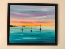 tableau Moderne abstrait - art contemporain  - marine colorée bateaux voiliers