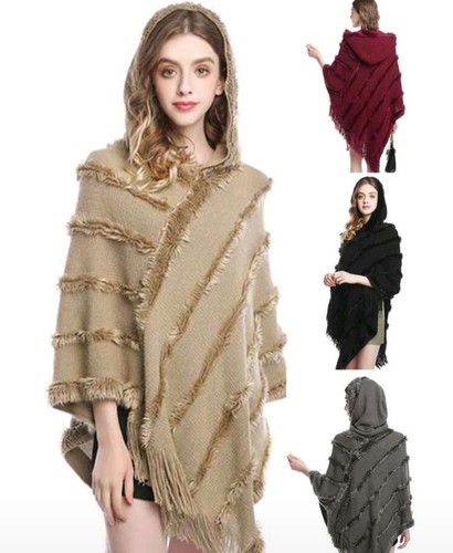 Poncho capuche franges - , à