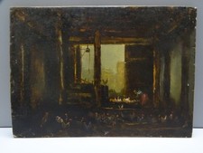 -TABLEAU  PEINTURE SUR PANNEAU DE BOIS INTERIEUR DE POULAILLER POULES ET COQS