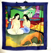 RARE FOULARD carré SOIE peint en main inspiré Gauguin signé Anny 84 x 89cm