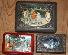 3 Anciennes boîtes publicitaires tôle lithographiée La Fontaine Mucha Enfants