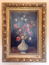 nature morte aux fleurs panneau en chêne encadrement bois doré . XIX siècle .