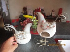 Joli couple Coq et sa Poule à bougie Photophore en Fer et Faïence  H 19.5 & 28cm