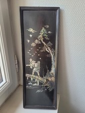 Ancien panneau bois noirci laqué incrustations nacre Asie Chine 40x14 personnage
