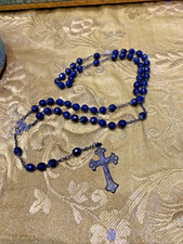Bel Rare Chapelet Rosaire XIXe Superbes Perles Bleues Outremer Crucifix Argent