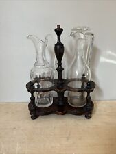 Ancien Présentoir Serviteur en Bois avec 2 Flacons Verre Huilier Vinaigrier