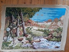 Tapisserie canevas fini scène de chasse chasseur chien 47 X 34 cm SEG Paris