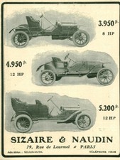 Publicité ancienne automobile Sizaire & Naudin Paris 1909 issue de magazine