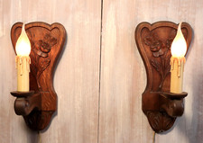 Antique French Wall Sconce PAIR Hand Carved Oak Wood Lamps Flowers c1950