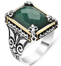 Bague Chevalière Homme 16g en Argent Massif 925 Fleur Lys Pierre Zircon Vert