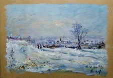 Paysage de neige dans la Nièvre. Peinture / papier signée Pascal DENIS dit "ROY"