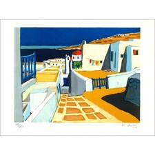 QUILICI Jean-Claude - Lithographie originale "Grèce, vue de Mykonos" 56x75cm