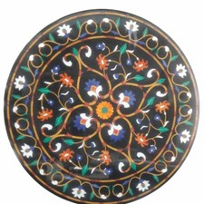 36 " Noir Marbre Table Top Incrustation Demi-Précieuses Pierres Décorative