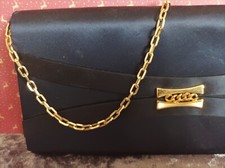 Pochette De Soirée Vintage En Satin Bleu Nuit Avec Chaînette Doré Et Miroir...