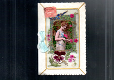 rare cpa carte fantaisie brodée ancienne photo amoureuse s'ouvre en deux