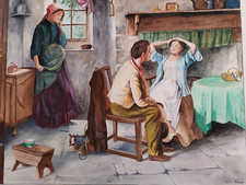 Peinture Gouache Aquarelle sur Papier 49.5 x 40.5 cm Scène d'intérieur