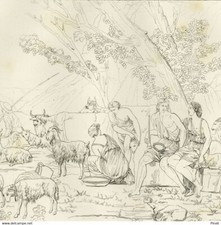 Nicolas Poussin Scène Pastorale Troupeau Vaches Chèvres - Gravure originale XIX