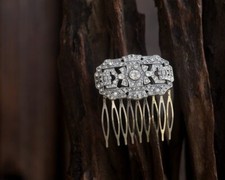 Peigne à Cheveux Art Déco Argenté Antique Nœud Strass Blanc 1920s QD21