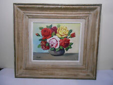 Tableau signé Vinet nature morte fleurs vase peinture huile sur toile cadre bois