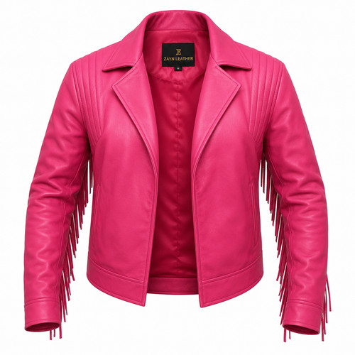 Veste cuir franges roses - cuir,