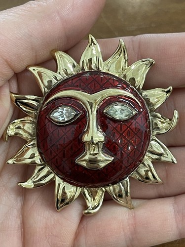 Broche soleil vintage rouge - soleil,