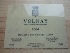 étiquette vin plastifié Volnay 2004 domaine des comtes Lafon wine label burgundy