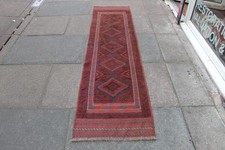 Tapis Oriental Vintage Fait Main Afghan Mushvani Rouge Laine Étroit 239x62cm