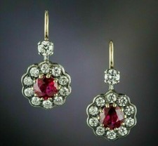 2Ct Simulé Coupe Rouge Rubis & Diamant Goutte Pendantes Oreilles 14k or Jaune