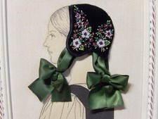 Diairi,coiffe régionale Montbéliard,dessin V.Barbier,cadre,perles,1950