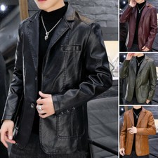 Blazer En Cuir PU Pour Hommes Veste Doublée En Fleece Col Plat Décontracté Chic