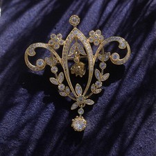 Broche Belle Eopque Dentelle Fin Floral Laurier Serti de CZ Blanc Plaqué Or SC21