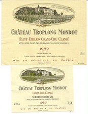 2 étiquettes Chateau Troplong Mondot 1982 et 85. St Emilion Grand Cru Classé.