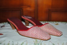 Mules femme, LURUEÑA, pointure 38, cuir tressé rouge et blanc, talon 6 cm. TBE.