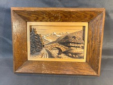Ancien tableau en bois sculpté en relief paysage de montagne signé Raugel
