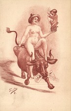 PC ARTIST SIGNED, LEO FONTAN, RISQUE, LADY AND BULL, Vintage Postcard (b50415)