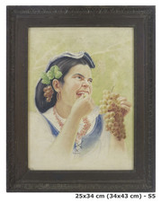 Portrait De Femme Avec Raisin tableau Ancienne Aquarelle Sur papier Peint Cadre