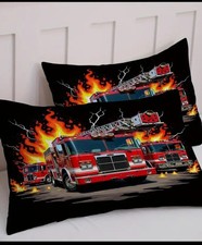 Housse De Couette+Taies D'oreillers Theme Pompiers Pour Enfants