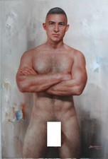 tableau peinture érotique huile sur toile homme nu intégrale / gay male painting