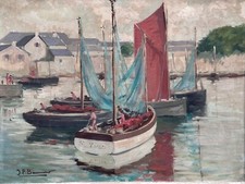Tableau ancien paysage marine Bretagne Port de Bénodet Bateaux pêche toile 1930
