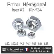 Ecrou Hexagonal HU, Inox A2, Din 934, M2 M2.5 M3 M4 M5 M6 M8, Lot de 5 à 100 pcs