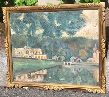 Tableau ancien. Paysage Architectural au Bord de l'eau. Peinture huile sur toile